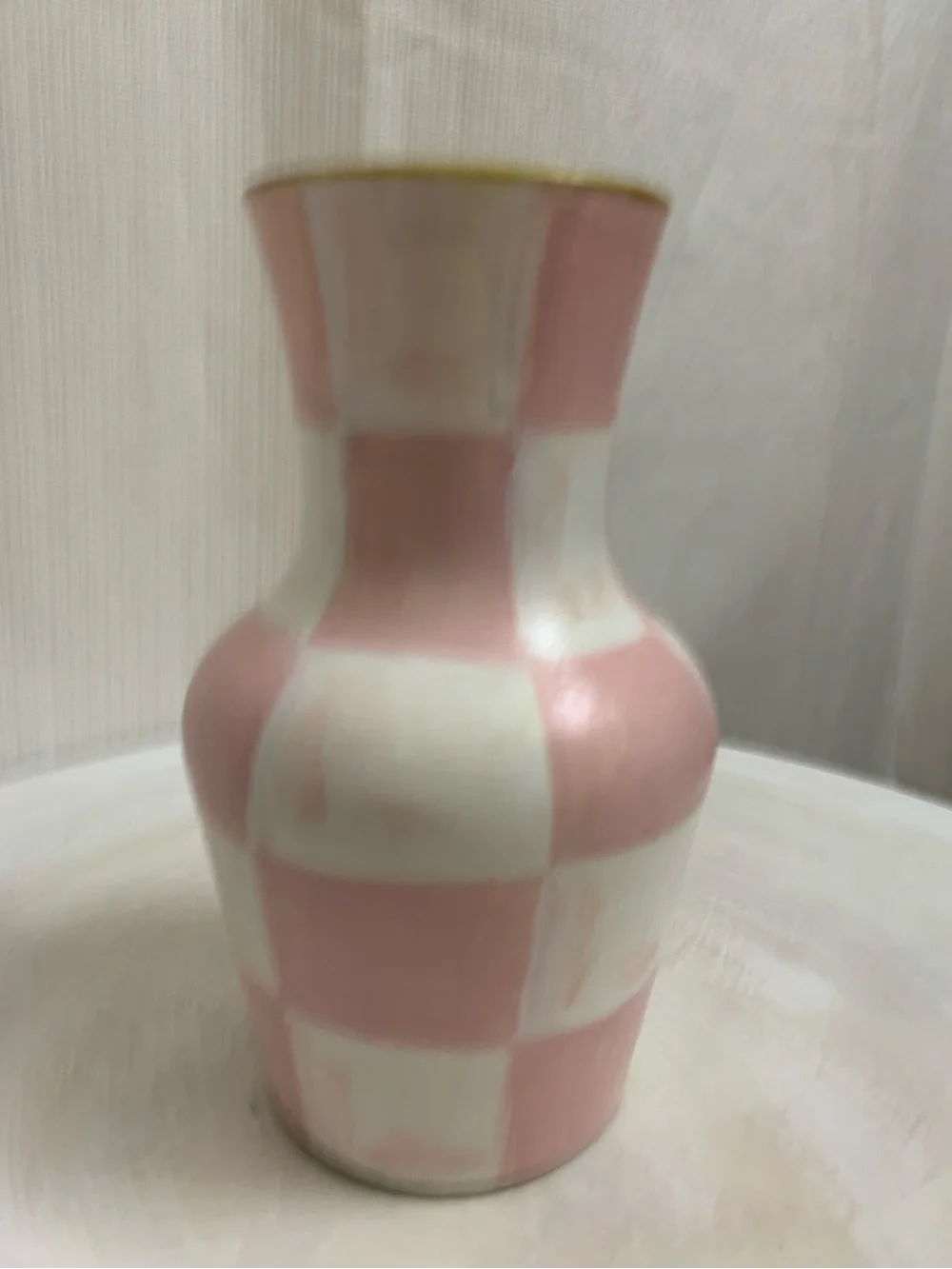 Ceramic Bud Vase Hand Painted Pink and White Rosy Check Design
